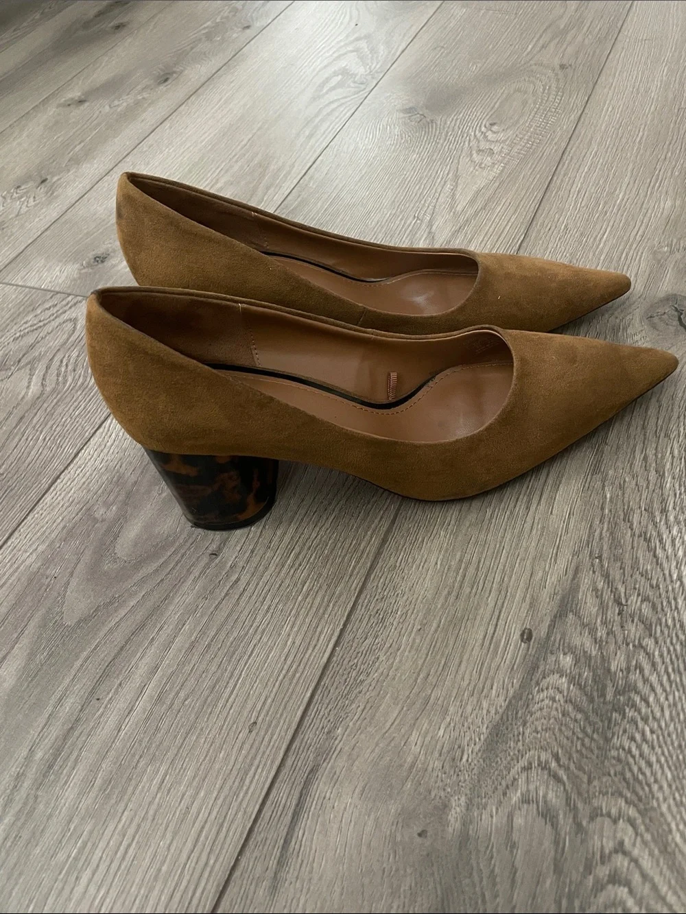 Zara Tortoiseshell Mid-Heel Pointed-Toe Pumps in Brown Suede Sz:37 6.5